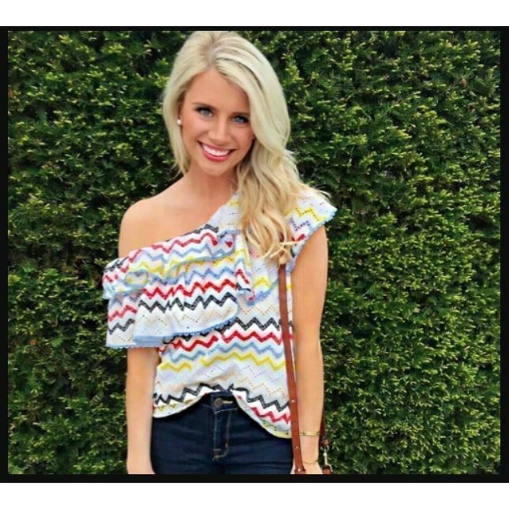 Allison New York Eyelet Chevron One Shoulder Top